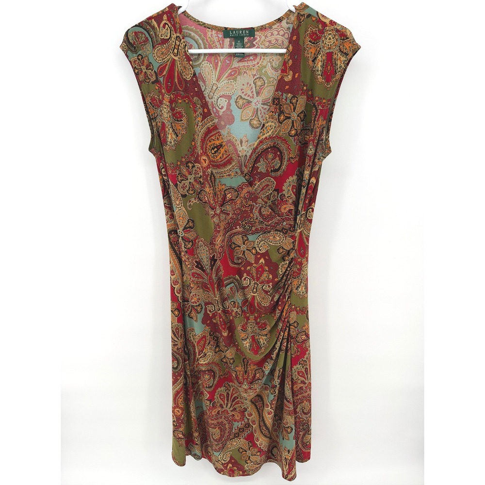 Ralph Lauren Faux Wrap Jersey Dress Red Green Paisley Size M Boho Fall Career